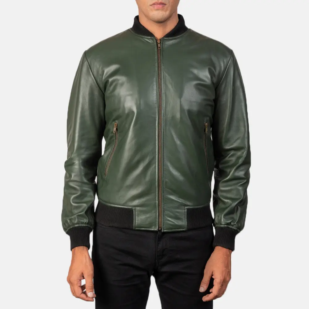 Forest Green Rib-Knit Leather Zip Jacket